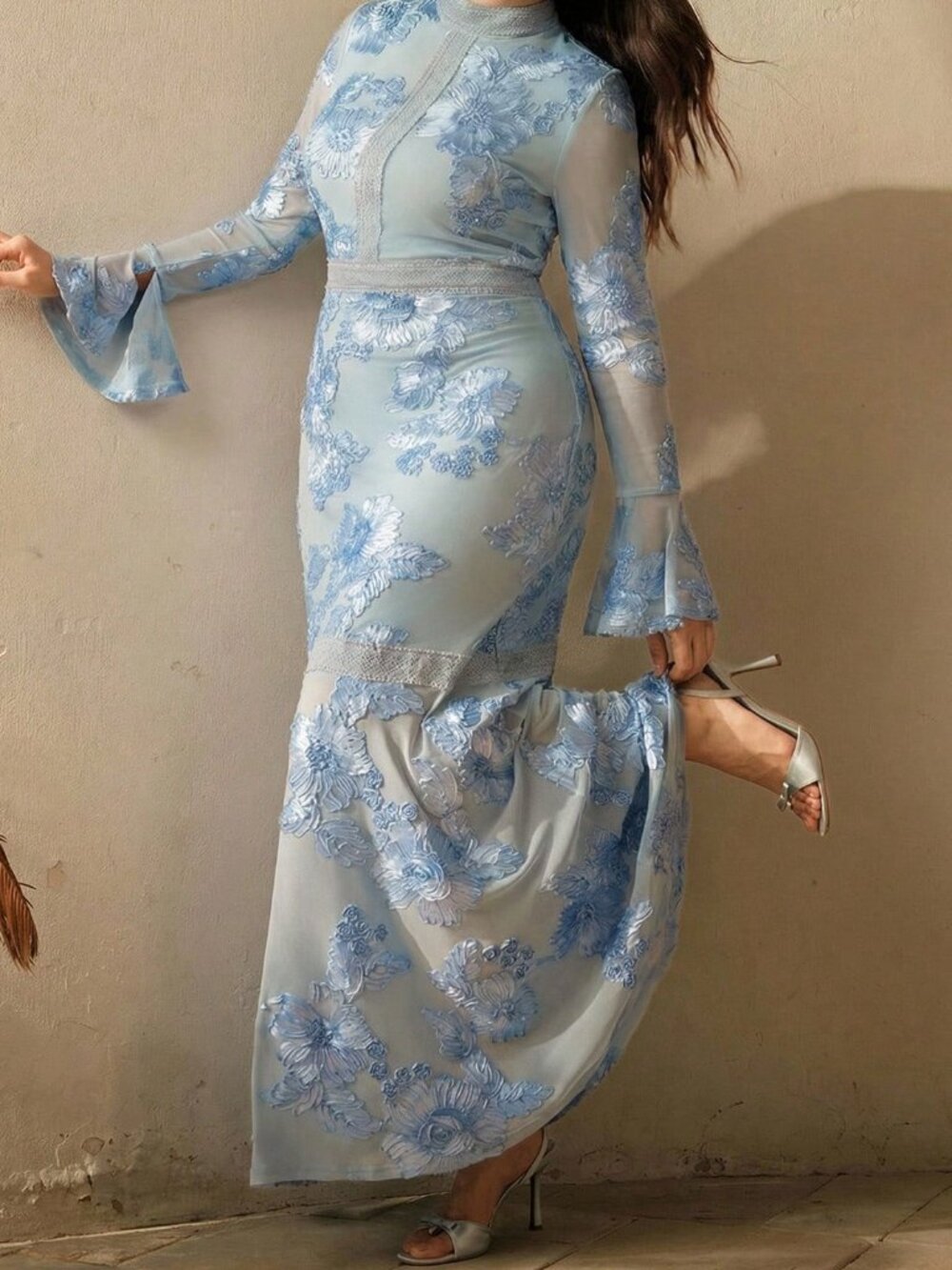 Blue Elegant Women's Flare Sleeve Floral Embroidered Mesh Slim Fit Maxi Dress - Picture 5 of 7